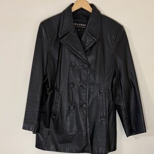 Vintage 90s Wilson Black Leather Jacket Double-Breasted Trenchcoat Women's XL